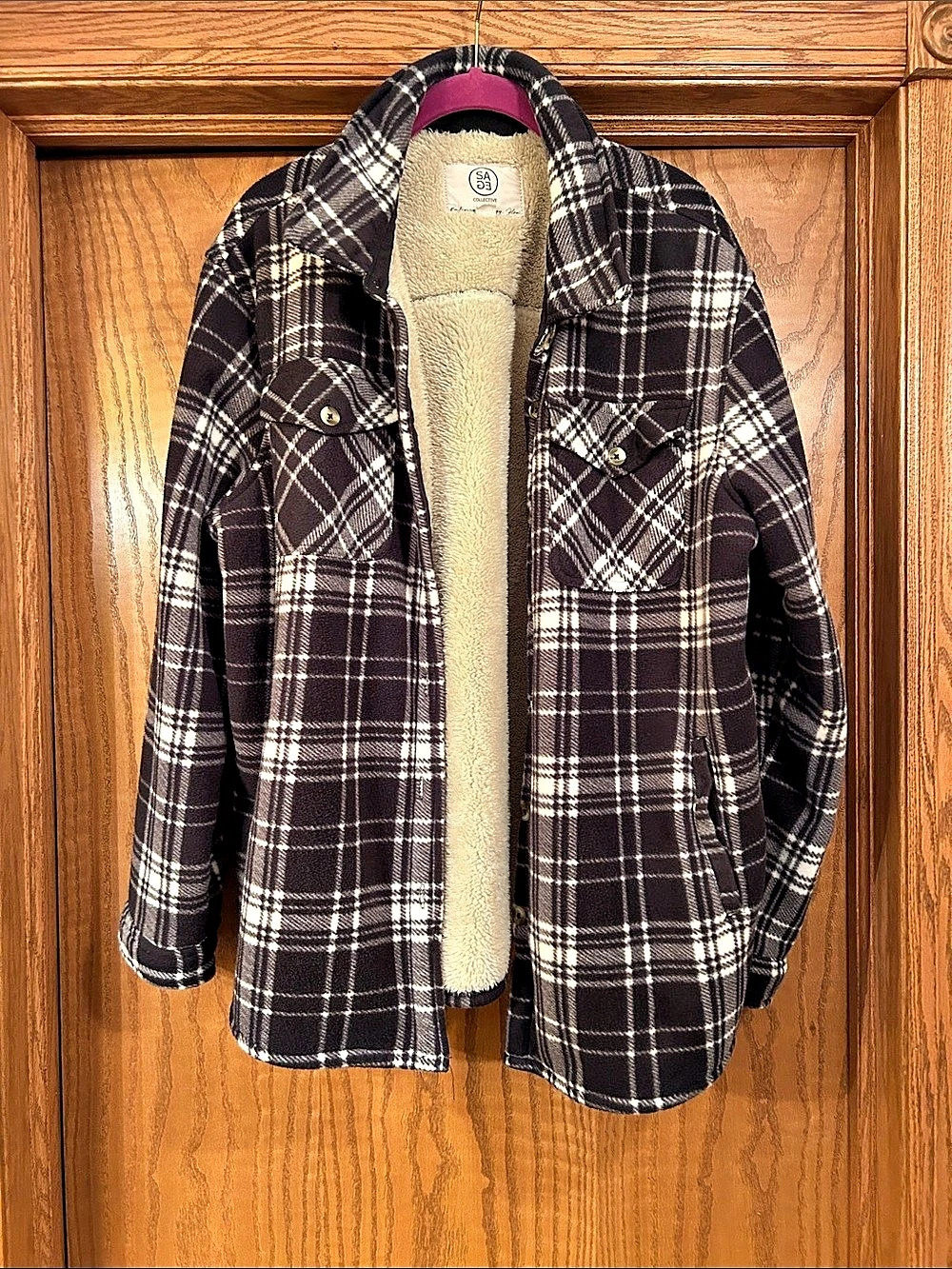 SAGE Collective sherpa-lined plaid jacket Plaid Sherpa Jacket in Black & White
